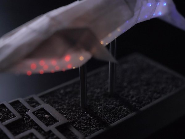 소개: 콘크리트 받침대 위에 떠 있는 광섬유가 달린 종이접기 고래