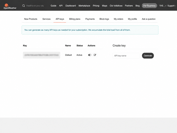 OpenWeatherMap API 키